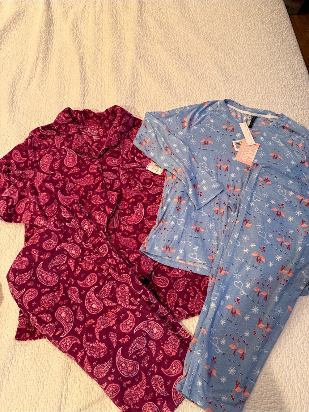 Two pair Burgundy Paisley and Light Blue Flamingo Pajama Sets